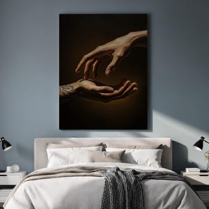 Hands Reaching Canvas Wall Art, Realistic Human Touch Painting with Tattoo Detail, Figurative Emotional Artwork, Framed Gift for Home Decor