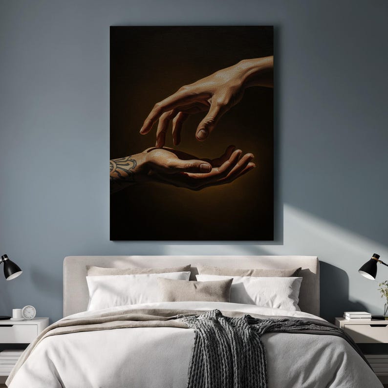 Hands Reaching Canvas Wall Art, Realistic Human Touch Painting with Tattoo Detail, Figurative Emotional Artwork, Framed Gift for Home Decor