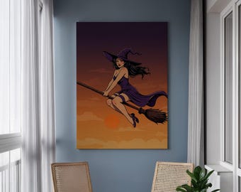 Flying Witch Canvas Wall Art, Sexy Pin-Up Style Witch on Broomstick at Sunset, Framed Halloween Fantasy Artwork for Gothic and Magical Home
