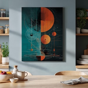 May include: Abstract geometric wall art featuring a teal and orange color scheme. The artwork displays a series of circles and lines, creating a modern and artistic design. The piece is mounted on a wall, adding a touch of contemporary style to the space.