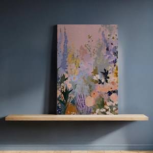 Framed Floral Canvas Wall Art, Soft Lavender and Blush Garden Painting, Romantic Botanical Print for Feminine Decor or Cottagecore Rooms