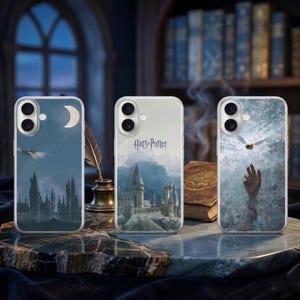 May include: Three clear phone cases with different designs. One features a night sky with a crescent moon and a flying object. Another has the text "Harry Potter" and a castle illustration. The third shows a hand reaching for a flying object.