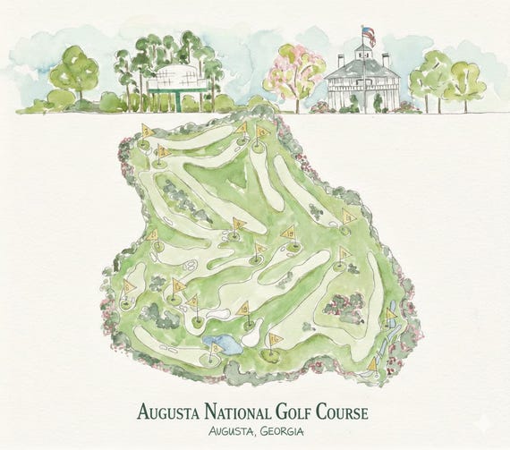 Custom Golf Course Map Watercolor Print – Personalized Golf Gift, Any Course, Golf Wall Art, Father’s Day, Anniversary DETAILED AUGUSTA