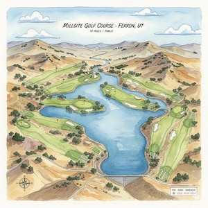 Puede incluir: Ilustraci&oacute;n en acuarela del campo de golf Millsite en Ferron, UT. La imagen muestra una vista a&eacute;rea detallada del campo, incluyendo calles, greens, elementos acu&aacute;ticos y el terreno circundante. El texto "MILLSITE GOLF COURSE - FERRON, UT" est&aacute; en la parte superior.