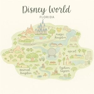 Disney Watercolor Park Map Print | Magic Kingdom, EPCOT, Animal Kingdom, Hollywood Studios Wall Art