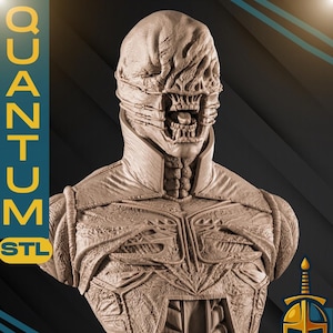 May include: A detailed bust sculpture of a creature with a textured, mask-like face and exposed teeth. The sculpture is in a neutral color and features intricate details on the chest and shoulders. Text on the image reads "QUANTUM STL" and "1/4 SCALE".