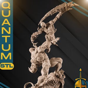 Può includere: Scultura beige in scala 1/6 di Venom e Carnage in posa dinamica. La scultura presenta dettagli intricati e il testo "QUANTUM STL" e "VENOM CARNAGE". Su sfondo scuro con un logo.