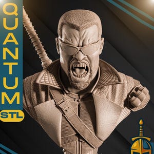 Puede incluir: Busto detallado de un personaje con gafas de sol y colmillos, con una chaqueta texturizada y una espada en la espalda. La base dice "BLADE" y "1/4 SCALE". La imagen incluye el texto "QUANTUM STL" y un logotipo con una espada.