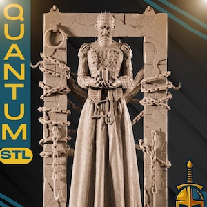 May include: A detailed beige sculpture of a figure holding a cube, framed by a stone archway and chains. The sculpture is labeled "1/6 SCALE" and "QUANTUM STL". The image also includes a logo with a sword and helmet.