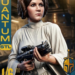 May include: A detailed 1/6th scale figure of a woman in a white robe, holding a blaster. The figure has a distinctive hairstyle and is from the Star Wars universe. The image includes the text "QUANTUM STL" and "SOULPS".