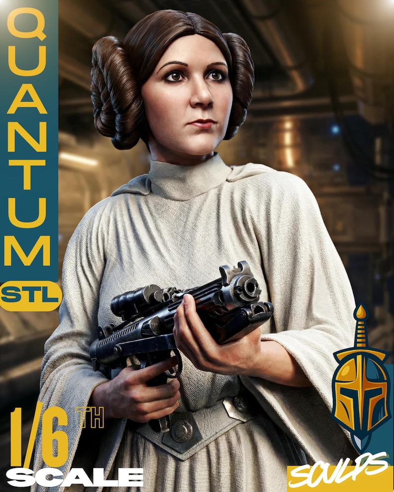 May include: A detailed 1/6th scale figure of a woman in a white robe, holding a blaster. The figure has a distinctive hairstyle and is from the Star Wars universe. The image includes the text "QUANTUM STL" and "SOULPS".