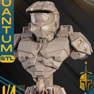 May include: A detailed, gray bust of a futuristic armored figure, featuring a helmet and chest armor. The bust is labeled "1/4 Scale" and "Quantum STL". The image also includes a logo with a sword and helmet design.