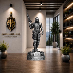 May include: A detailed grayscale statue of a character holding a rifle, standing on a base with text. The statue is in a modern interior setting with the text "QUANTUM STL 3D DESIGN STUDIO" on the wall.