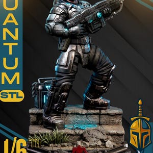 May include: A detailed action figure of a character from Gears of War, holding a large weapon. The figure is in a combat pose, wearing detailed armor. The base has the text "1/6 SCALE" and "GEARS OF WAR RELOADED".