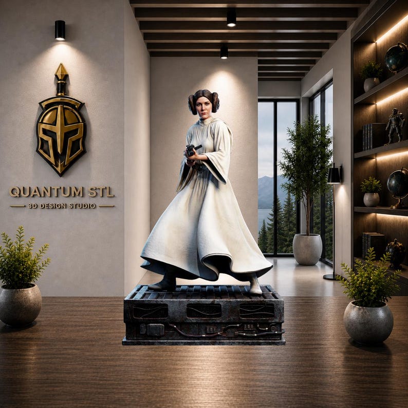 May include: A white statue of a woman in a long dress, holding a small object, stands on a dark platform. The statue is in a well-lit room with a large window overlooking a landscape. The wall features a gold and black logo with the text "QUANTUM STL 3D DESIGN STUDIO."