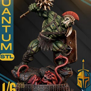 May include: A green figure in gladiator armour, wielding a spiked mace, stands atop a rocky base with red creatures. The figure wears a helmet with a red crest and holds a shield. The text "QUANTUM STL" and "1/6 SCALE" are visible.