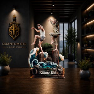 May include: A detailed 3D-printed sculpture of a scene from "The Karate Kid." The sculpture features two figures in karate stances atop wooden posts, with a wave and crane design. The base has the movie title. The background includes the "Quantum STL" logo.
