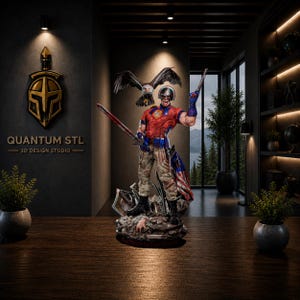 May include: A detailed figurine of a character wearing a red and blue uniform with a silver helmet, holding a sword in one hand and a baton in the other, accompanied by a bald eagle, standing on a rocky base with a flag draped behind the figure.