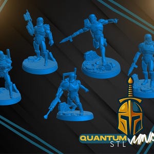 May include: Six blue miniature figurines of armored characters are displayed, each on a circular base. The figures are holding weapons and are in various action poses. The logo "QUANTUM MINIS STL" is visible in the lower right corner.