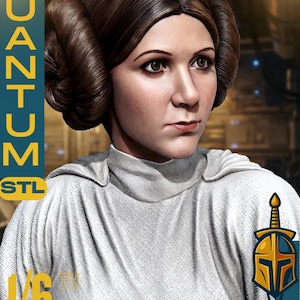May include: A detailed 1/6 scale sculpture of a woman with brown hair styled in two side buns. She wears a white high-collared garment. The image includes the text "QUANTUM STL" and "1/6 SCALE" with a logo featuring a sword and helmet.