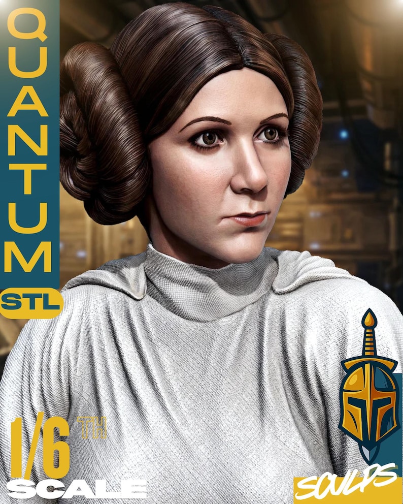 May include: A detailed 1/6 scale sculpture of a woman with brown hair styled in two side buns. She wears a white high-collared garment. The image includes the text "QUANTUM STL" and "1/6 SCALE" with a logo featuring a sword and helmet.