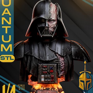 Puede incluir: Busto detallado de Darth Vader, con rostro y casco parcialmente expuestos. La figura está sobre una base de fuego con el logo de Star Wars. El texto "1/4 SCALE" y "QUANTUM STL" son visibles.