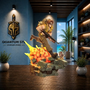 May include: A detailed action figure of a character with brown hair and sunglasses, wearing a yellow vest and brown pants, carrying a rifle and backpack. The figure is posed mid-run above a base featuring a bright orange explosion and stone debris.