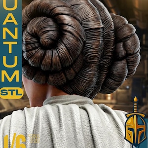 May include: A detailed sculpture of a woman's hairstyle, featuring intricate, spiraling buns in shades of brown. The figure is wearing a light gray garment. The image includes the text "QUANTUM STL" and "1/6 SCALE".