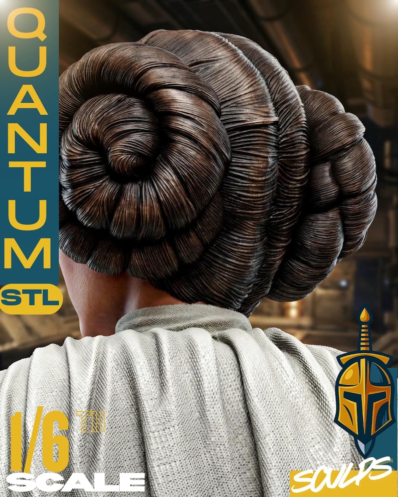May include: A detailed sculpture of a woman's hairstyle, featuring intricate, spiraling buns in shades of brown. The figure is wearing a light gray garment. The image includes the text "QUANTUM STL" and "1/6 SCALE".