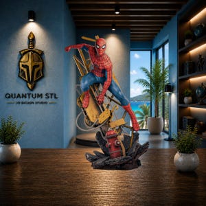 May include: A Spider-Man action figure in a dynamic crouching pose, featuring a red and blue suit with a black web pattern. The figure is mounted on a base depicting a yellow construction beam, gray rubble, and a red fire hydrant.
