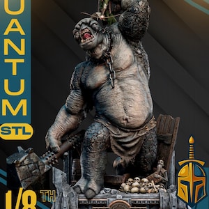 May include: A detailed statue of a troll from The Lord of the Rings, holding a large hammer. A small figure with a bow and arrow stands on the troll's shoulder. The base features skulls and the text "1/8 Scale".