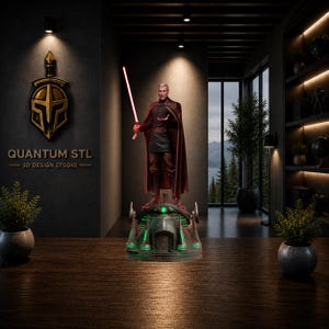 May include: A detailed figurine of a grey-haired character wearing a dark brown tunic and cape, holding a glowing red lightsaber. The figure stands on a circular, metallic base with green illuminated accents and the text COUNT DOOKU inscribed.