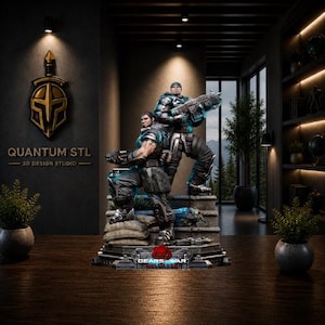 Peut inclure: Une statue détaillée de deux personnages de Gears of War, posés sur une plateforme. Les personnages sont vêtus d'une armure futuriste et tiennent des armes. La base de la statue présente le logo du jeu. Le fond comprend le texte "QUANTUM STL - 3D DESIGN STUDIO".