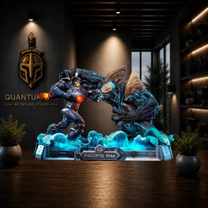 May include: A detailed Pacific Rim diorama statue featuring a blue mechanical robot engaged in combat with a large, dark, textured monster. The figures are mounted on a base depicting glowing blue ocean waves with a plaque labeled Pacific Rim.