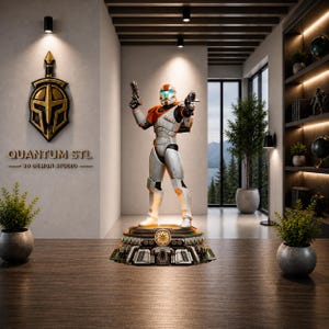 May include: A detailed figurine of a white and orange armored soldier standing on a circular base with a gold emblem. The soldier wears a helmet with a glowing blue visor and holds two blasters. The base features intricate mechanical detailing.