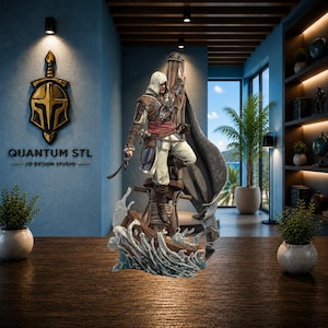 May include: A detailed figurine of a hooded character in 18th-century attire, standing on a wooden ship mast amidst sculpted waves. The figure wears a brown leather coat, white trousers, and a red sash, holding a cutlass while gripping a rope.