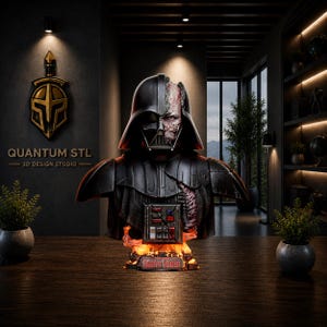 Könnte beinhalten: Eine detaillierte Büste von Darth Vader mit teilweise freigelegtem Gesicht und Brust, auf einem feurigen Sockel. Die Büste ist schwarz mit roten und fleischfarbenen Details. Auf dem Sockel steht "Darth Vader" in Rot. Der Hintergrund enthält den Text "Quantum STL - 3D Design Studio".