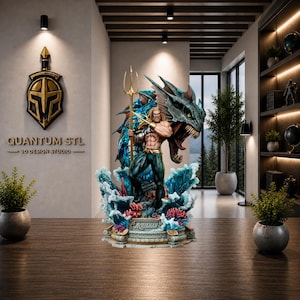 May include: A detailed statue of Aquaman, holding a trident, stands on a base with the word "Aquaman". The statue features a dragon-like creature behind Aquaman. The statue is surrounded by blue water effects and coral. The background includes a logo that says "Quantum STL 3D Design Studio".