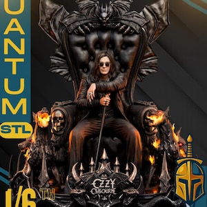 May include: A detailed statue of Ozzy Osbourne seated on a gothic throne. The throne is black with intricate details, flanked by flaming dog sculptures and skulls. The statue is labelled "1/6 Scale" and features the text "Ozzy Osbourne".