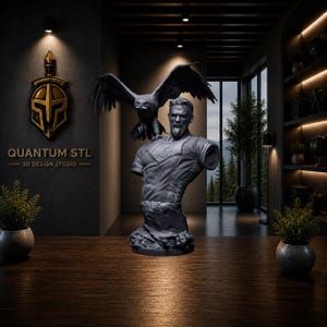 May include: A dark gray 3D printed bust of a male figure with a goatee, wearing a short-sleeved shirt with a chest emblem, and a large eagle perched on the right shoulder. The figure is depicted from the chest up with a missing left arm.