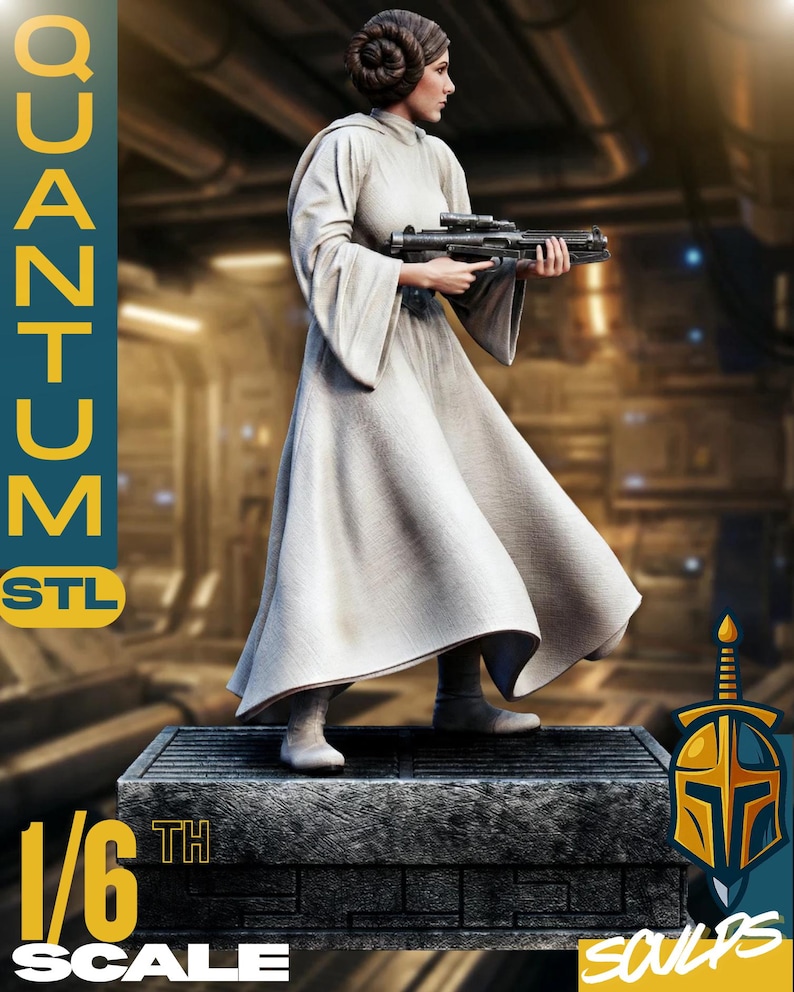May include: A detailed 1/6 scale figure of a character from a science fiction film, holding a blaster. The figure is dressed in a long, flowing white gown and has a distinctive hairstyle. The figure is standing on a stone-like base. The text "QUANTUM STL" and "SCULPS" are visible.