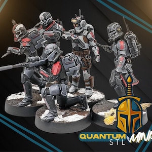 May include: Miniature figures of a squad of soldiers in black, gray, and red armor, posed on circular bases. One figure kneels, aiming a rifle. The figures are from the Quantum Minis STL collection.