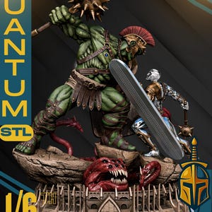May include: A detailed action figure diorama featuring a green-skinned warrior with a spiked club, battling a smaller armored figure. A red monster and the text "QUANTUM STL" are also visible. The base reads "1/6 SCALE".