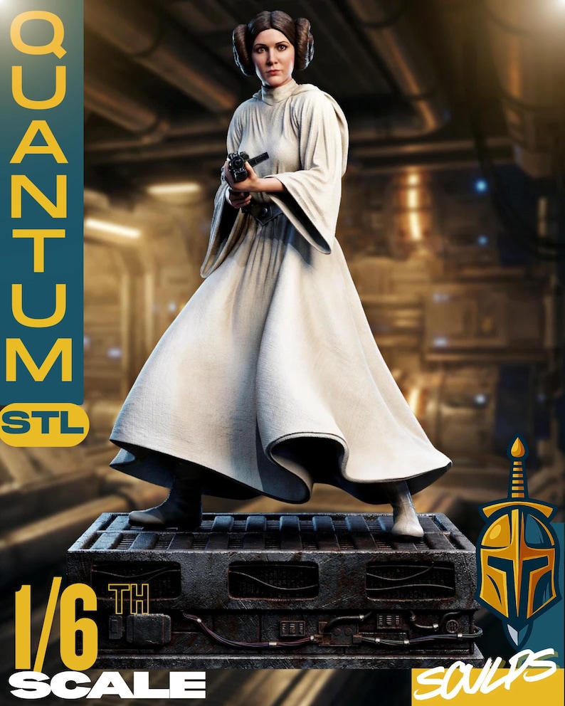 May include: A detailed 1/6th scale figure of a character from a science fiction franchise, dressed in a long white gown and holding a blaster. The figure stands on a metallic base. The image includes the text "QUANTUM STL" and "SOULPS".