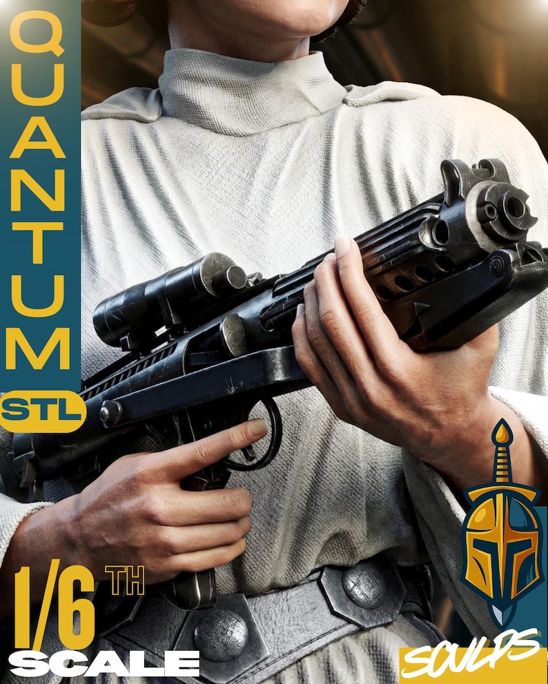 May include: A black and gray 1/6th scale blaster rifle with a scope, held by a person wearing a white outfit. The image includes the text "QUANTUM STL" and a logo with a sword and helmet.