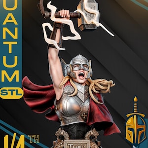 May include: A detailed statue of Thor, holding Mjolnir, with a red cape and silver armor. The statue is 1/4 scale and features the word "Thor" on the base. The image includes the text "Quantum STL" and a logo.