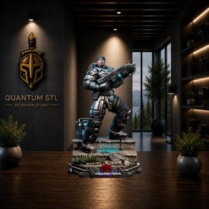 May include: A detailed statue of a soldier in futuristic armor, holding a large weapon. The figure is posed on a stone base with the words "GEARS OF WAR" at the front. The statue is set on a wooden table with the text "QUANTUM STL - 3D DESIGN STUDIO" on the wall.