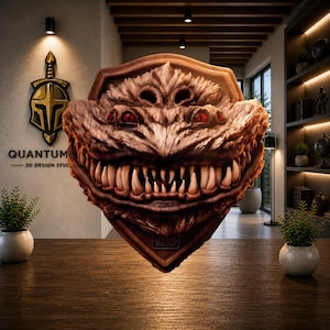 May include: A detailed, brown, monster-like wall art piece with sharp teeth and red eyes. The artwork is mounted on a wooden surface, with the text "STAR WARS" at the bottom. The background includes a logo that says "QUANTUM 3D DESIGN STUDIO".