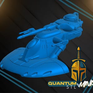 Könnte beinhalten: Blaues Raumschiffmodell mit detailliertem Design, mit mehreren Türmen und einem abgerundeten Körper. Das Bild enthält den Text "QUANTUM MINIS STL" und ein Logo eines Helms und eines Schwertes.