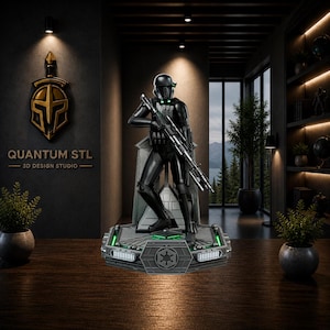 May include: A black and silver statue of a Death Trooper from Star Wars, holding a blaster rifle. The figure stands on a detailed base with green lights and the Galactic Empire symbol. The background includes the text "QUANTUM STL - 3D DESIGN STUDIO".
